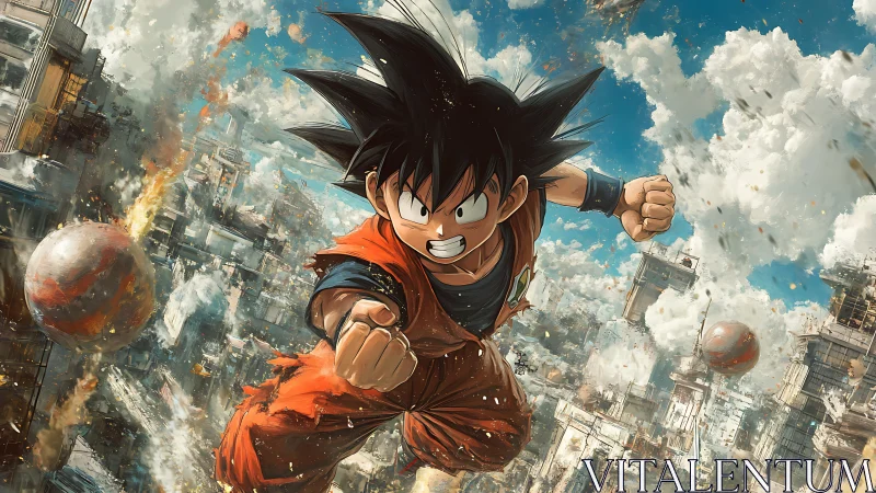 Dynamic anime fighter accelerates through explosive urban sky