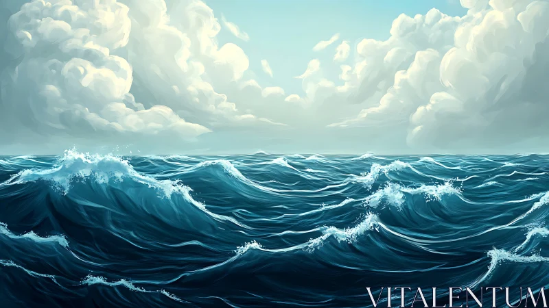 Rolling ocean waves dance under bright and hopeful skies