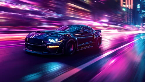 Cybernetic muscle car races through neon-saturated cityscape