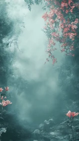 Misty forest clearing framed by soft pink blossoms.