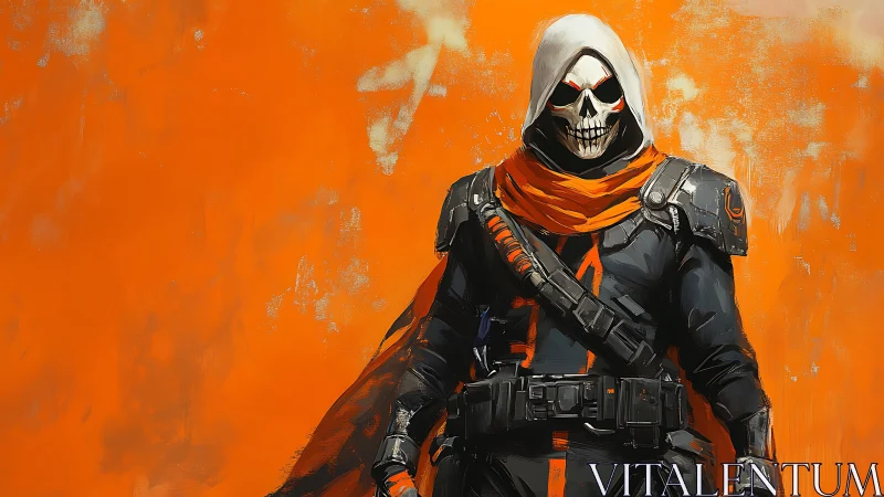 Hooded skeletal figure in tactical armor stands before orange
