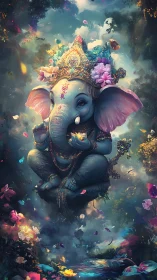 Elephant-headed deity figure in ornate floral forest scene.