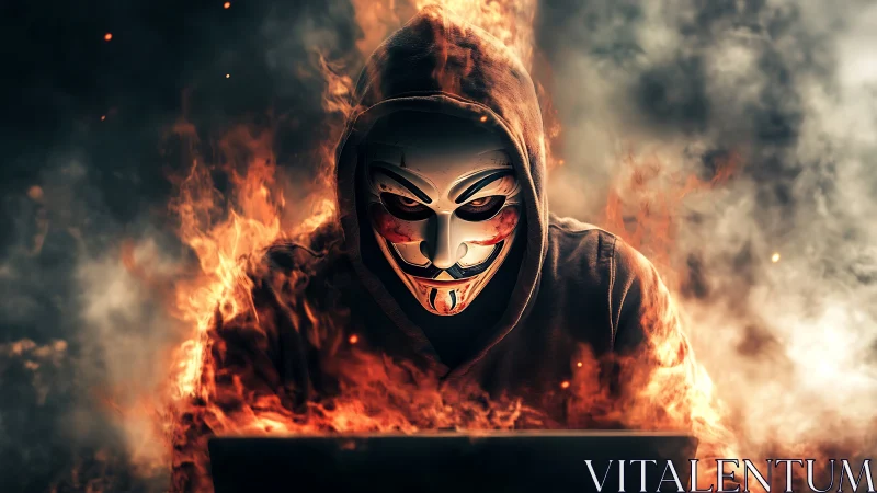 Masked hacker in burning hoodie over laptop screen.