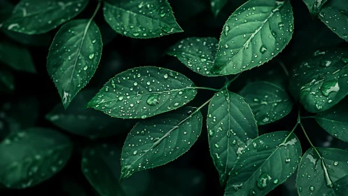 Rain-drenched green leaves in tight natural pattern.