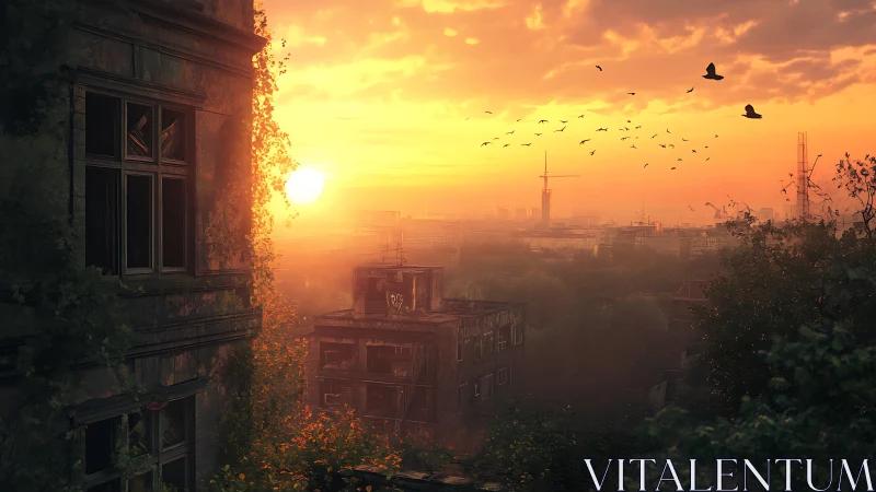 Sunset light washes over abandoned city rooftops in silence.