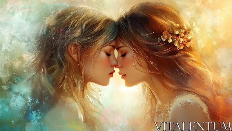 Two figures in profile with floral elements and warm light