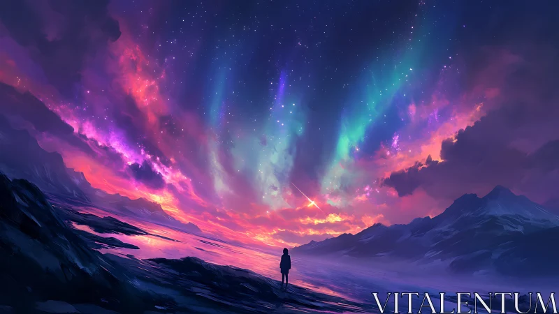 Solitary figure watches aurora ignite a vivid cosmic shoreline