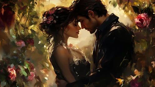 Romantic Embrace Among Blooming Roses.