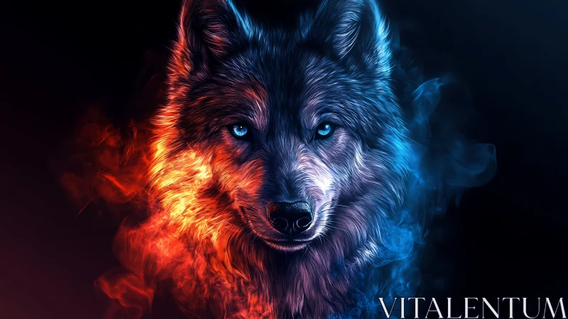 Wolf portrait with symmetric fire and smoke lighting effects.