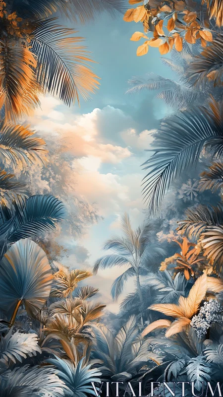 Dreamy tropical canopy glowing in soft sunrise light.