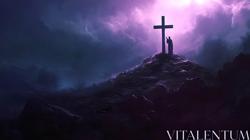 Solitary figure prays beneath glowing cross in stormy dusk