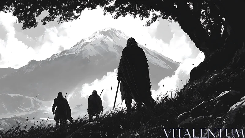 Cloaked wanderers nearing a myth-heavy mountain horizon.