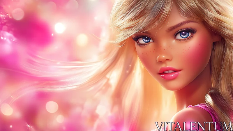 Starlit pink dream girl in a glowing bokeh sunrise haze.