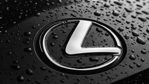 Macro optical study of chrome vehicle emblem under rainfall.