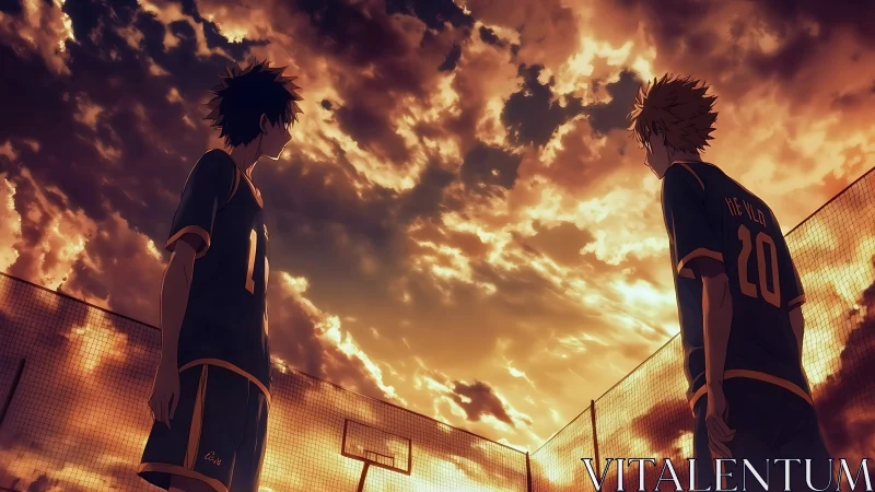 Sunset-lit anime court duel with silhouetted volleyball rivals.
