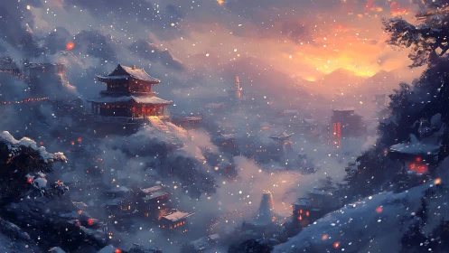 Snowbound mountain temple city under blazing winter sunset.