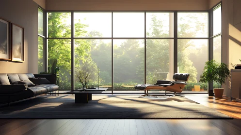 Sunlit sanctuary lounge wrapped in glass and quiet greenery.