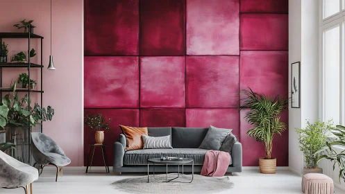 Modern living room framed by bold magenta feature wall.