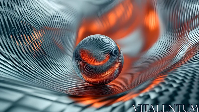 Metallic Sphere on Abstract Wavy Surface in Futuristic Style.