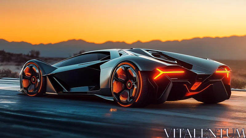 Futuristic concept supercar on open road at sunset horizon.