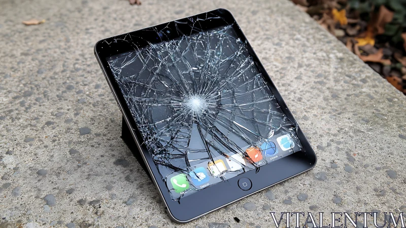 Shattered smartphone screen lies cracked on pavement.
