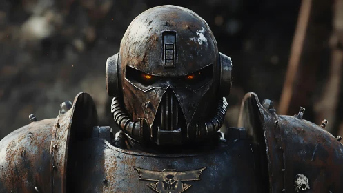 Battleworn power armor helmet rendered in hyperreal 3D detail