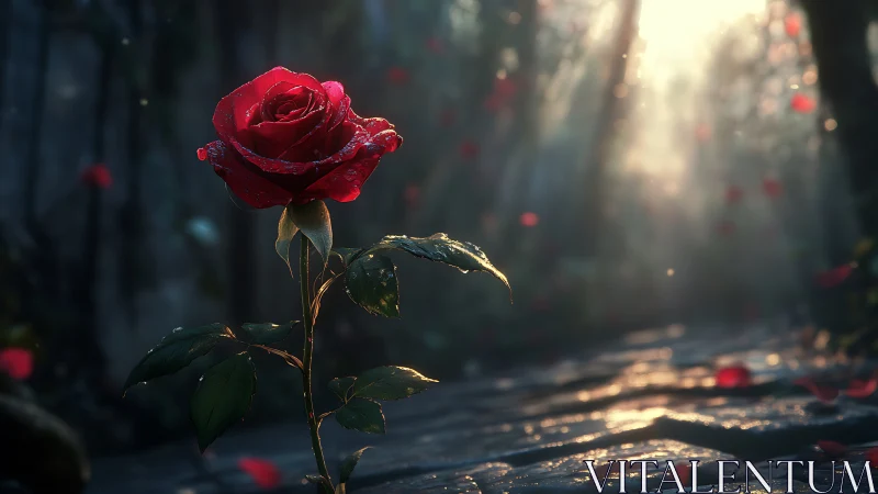 Solitary dewy red rose illuminated by ethereal forest backlight