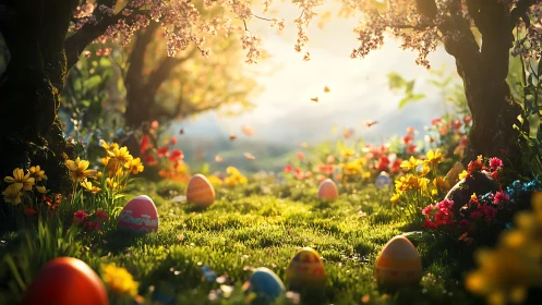 Sunlit spring grove sprinkled with hidden Easter treasures.