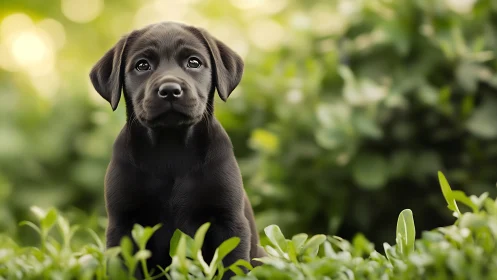 Photorealistic black labrador puppy in soft garden bokeh field.