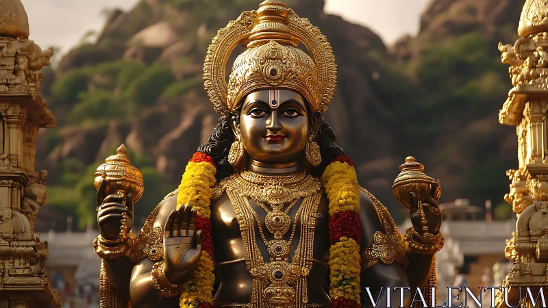 Gilded Hindu deity statue stands before sunlit rocky hills