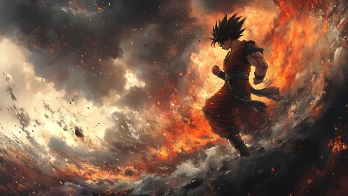Fiery anime warrior advancing through swirling inferno storm.