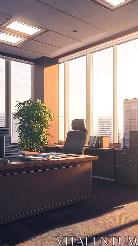 Executive corner office glows under warm sunset light.