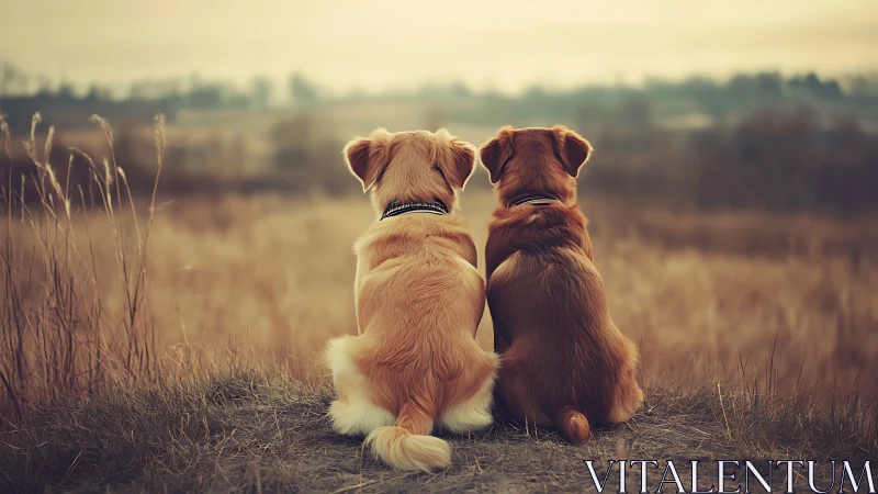 Two dogs sit in dry grassland watching distant horizon together