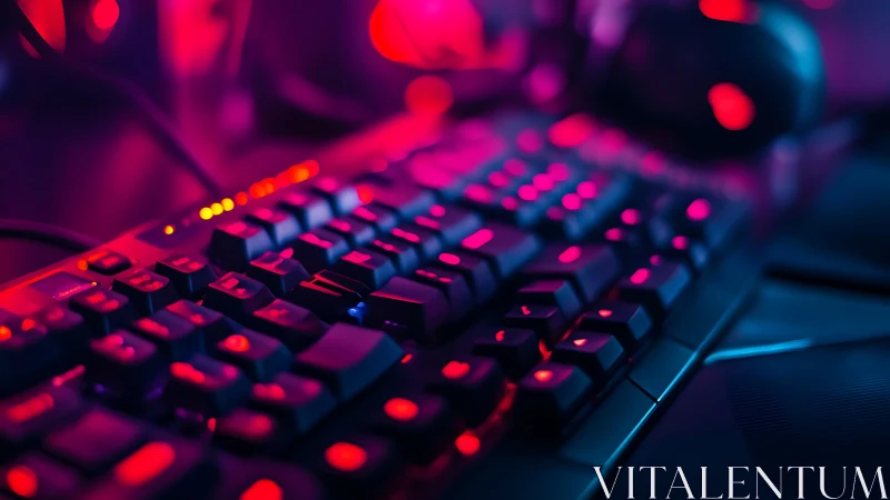 Cyberpunk mechanical keyboard under neon bokeh lighting.