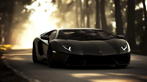 Black sports car sits on forest road in soft backlight