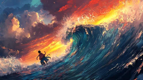 Lone dreamer greeting a towering wave under blazing skies.