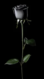 Black Rose with Green Stem and Leaves on Dark Background