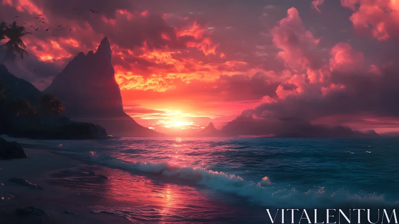 Spectral sunset over volcanic sea stacks with refracted surf.
