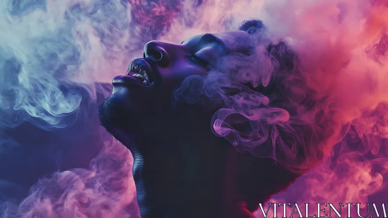 Neon-lit profile emerges through swirling violet smoke.