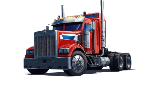 High-fidelity digital rendering of articulated red highway tractor.