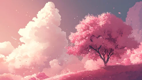 Pink blossom tree crowns glowing hill under pastel sky.