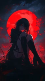 Crimson moonlit girl in shadow with ominous red glow.