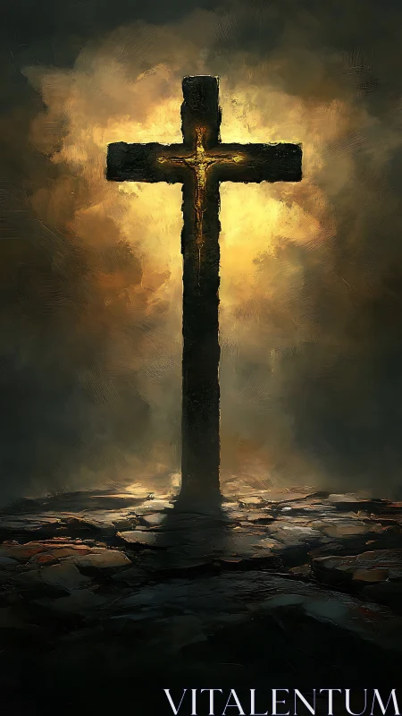 Glowing stone cross rising from shadows in soft golden light.