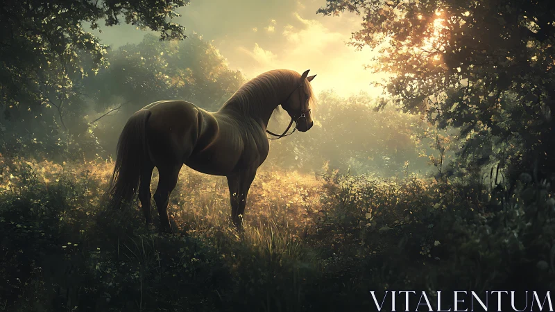 Golden light silhouettes a horse in a tranquil forest meadow.