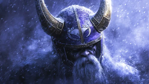Frost-coated Viking warrior in horned helmet under dynamic snowfall