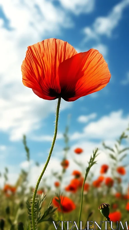 Skyward poppy unfurls its ember-red wings above summer field