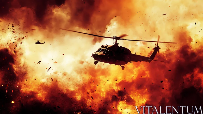 Military helicopters in dense fireball explosion scene.