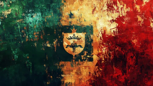 Regal crest emerging through distressed tricolor texture.
