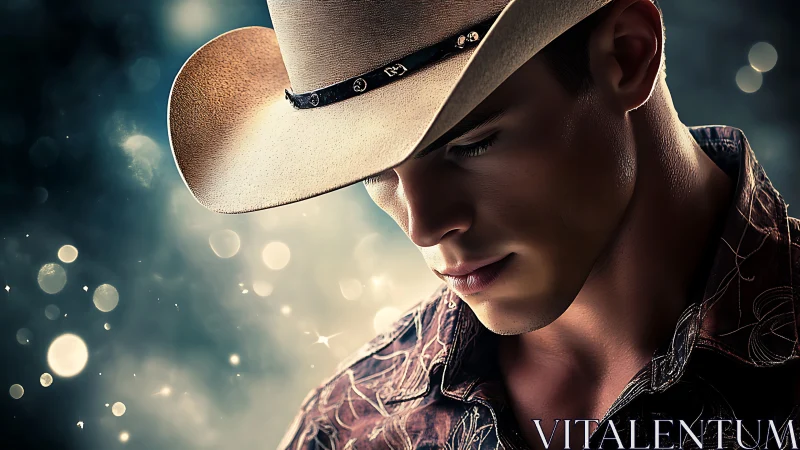 Brooding cowboy portrait glows against dreamy bokeh lights