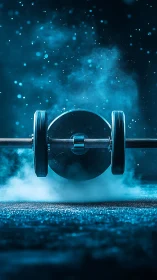 Chromatic barbell inertia in cinematic blue gym atmosphere.